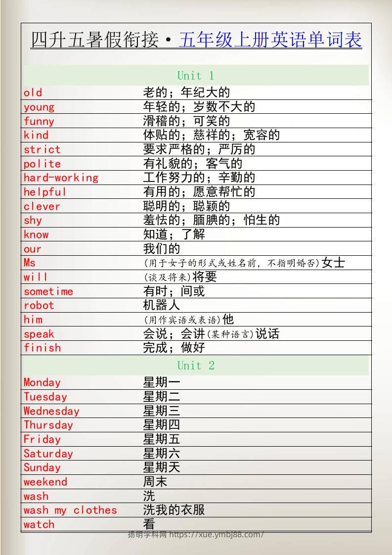 四升五暑假衔接五年级上册英语单词表-五上英语-扬明学科网