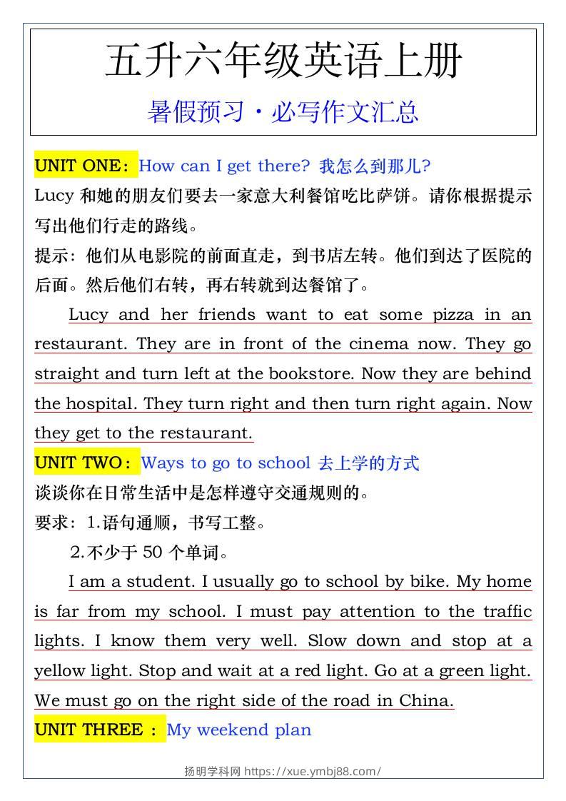 五升六年级英语上册暑假预习·必写作文汇总-六上英语-扬明学科网