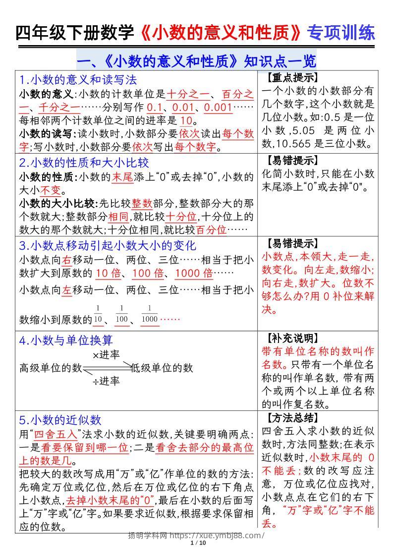四下数学【小数的意义（答案）】-扬明学科网