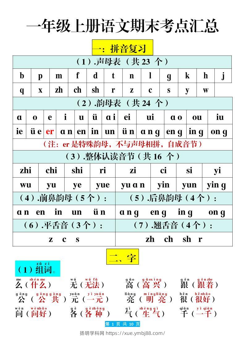 一年级上册语文期末考点汇总（10页）-扬明学科网