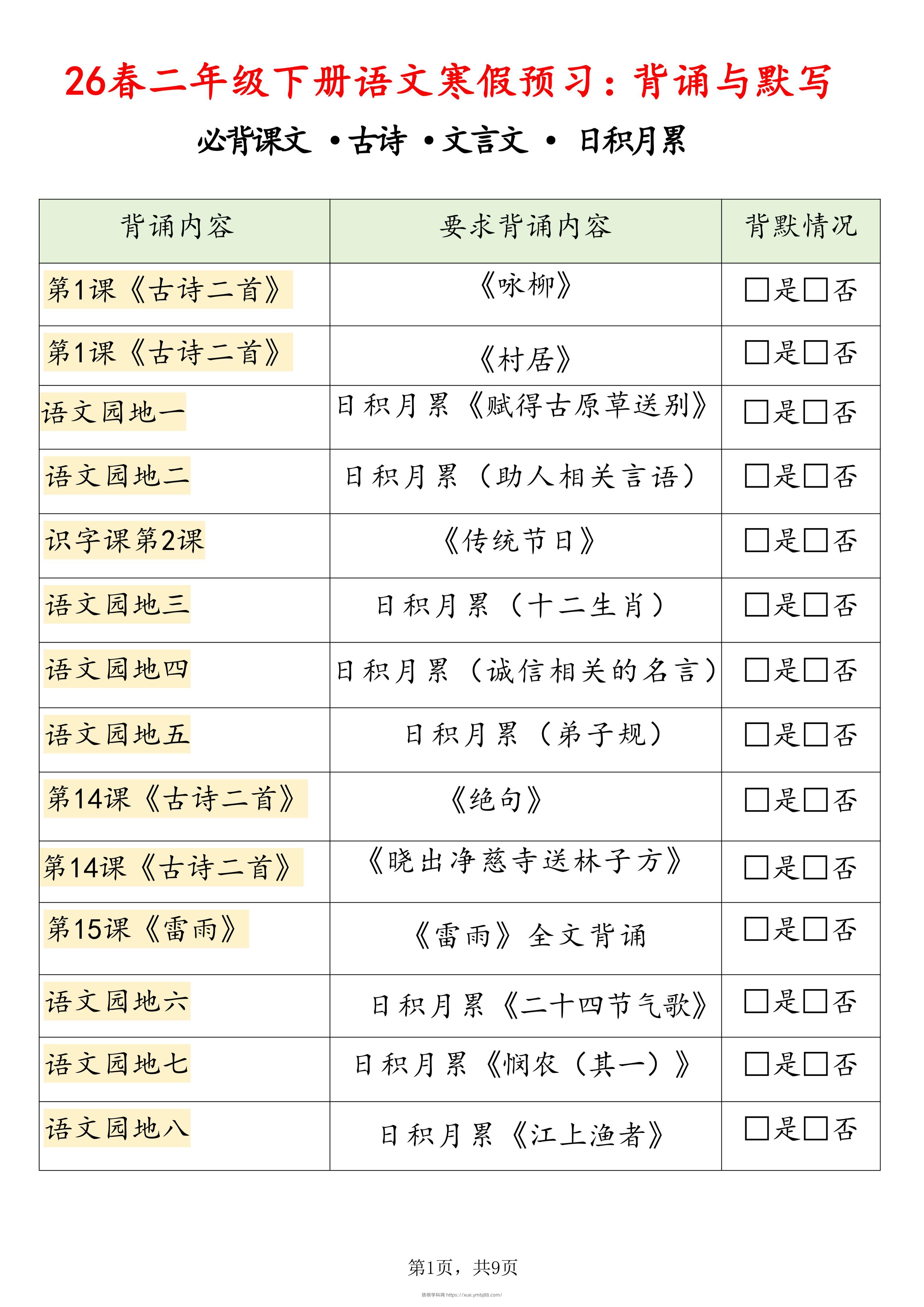 26春二下语文寒假预习背诵与默写（必背课文、古诗、文言文、日积月累）9页-扬明学科网