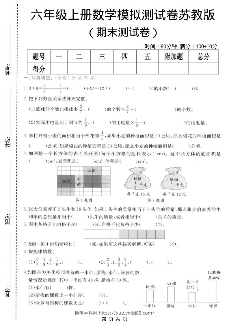六年级上数学期末模拟测试卷8《苏教版》-扬明学科网
