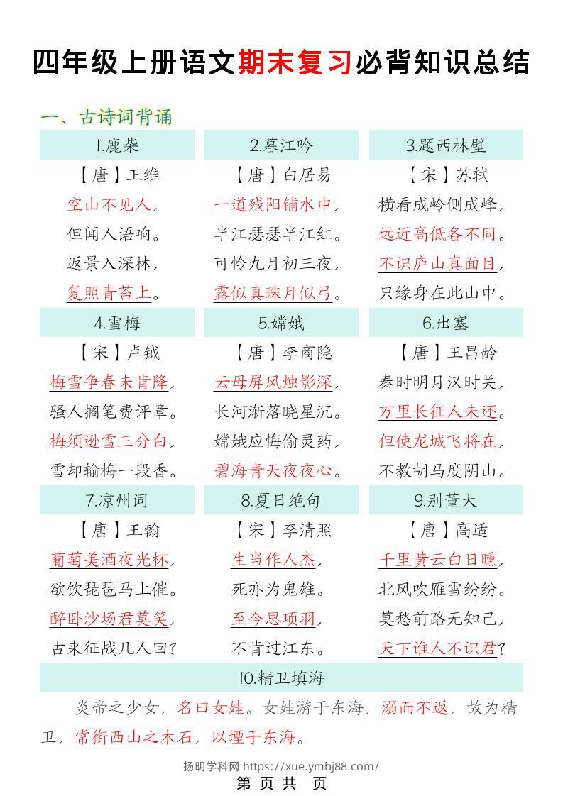 四年级上语文期末复习必背知识总结-扬明学科网