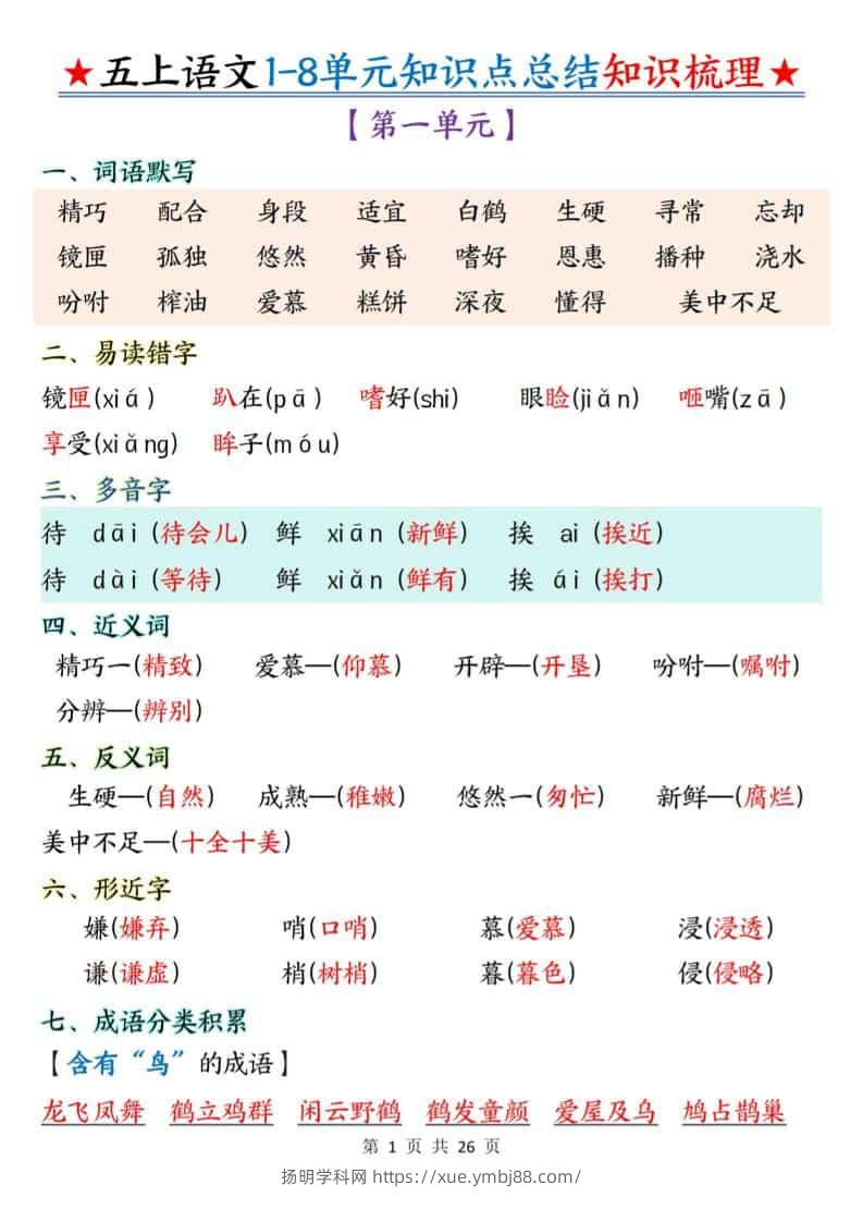 五年级上语文1-8单元知识点总结知识梳理-扬明学科网
