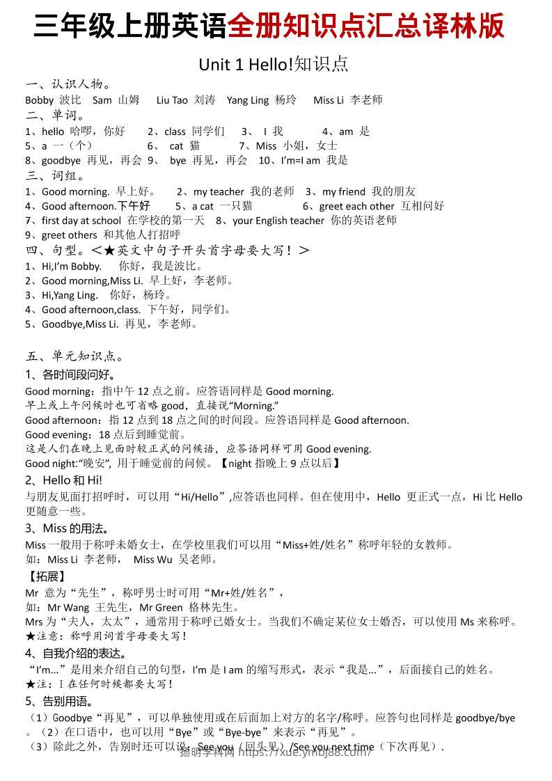 三年级上英语知识点汇总《译林版》-扬明学科网