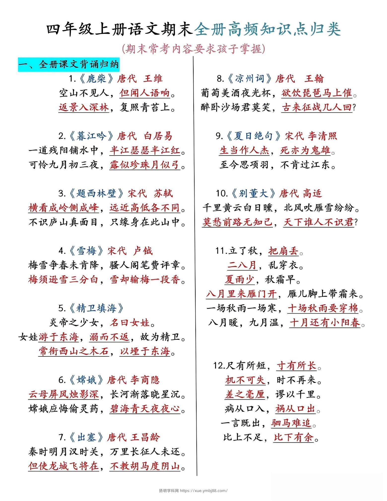 四年级上语文期末全册高频考点知识点归类-扬明学科网