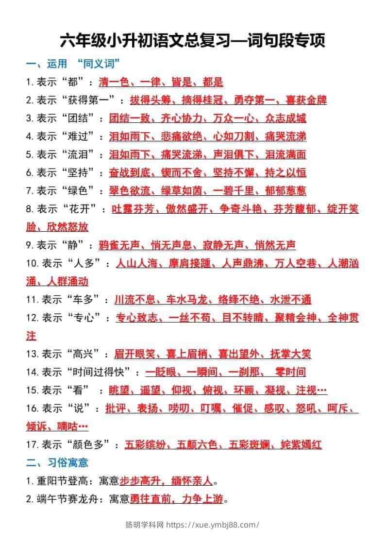 六年级下语文总复习—词句段专项-扬明学科网