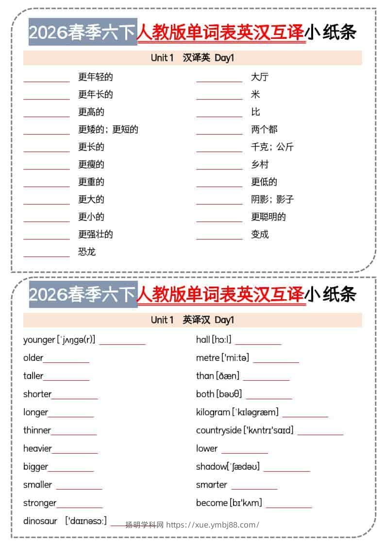 六年级下英语单词英汉互译小纸条《人教版PEP》-扬明学科网