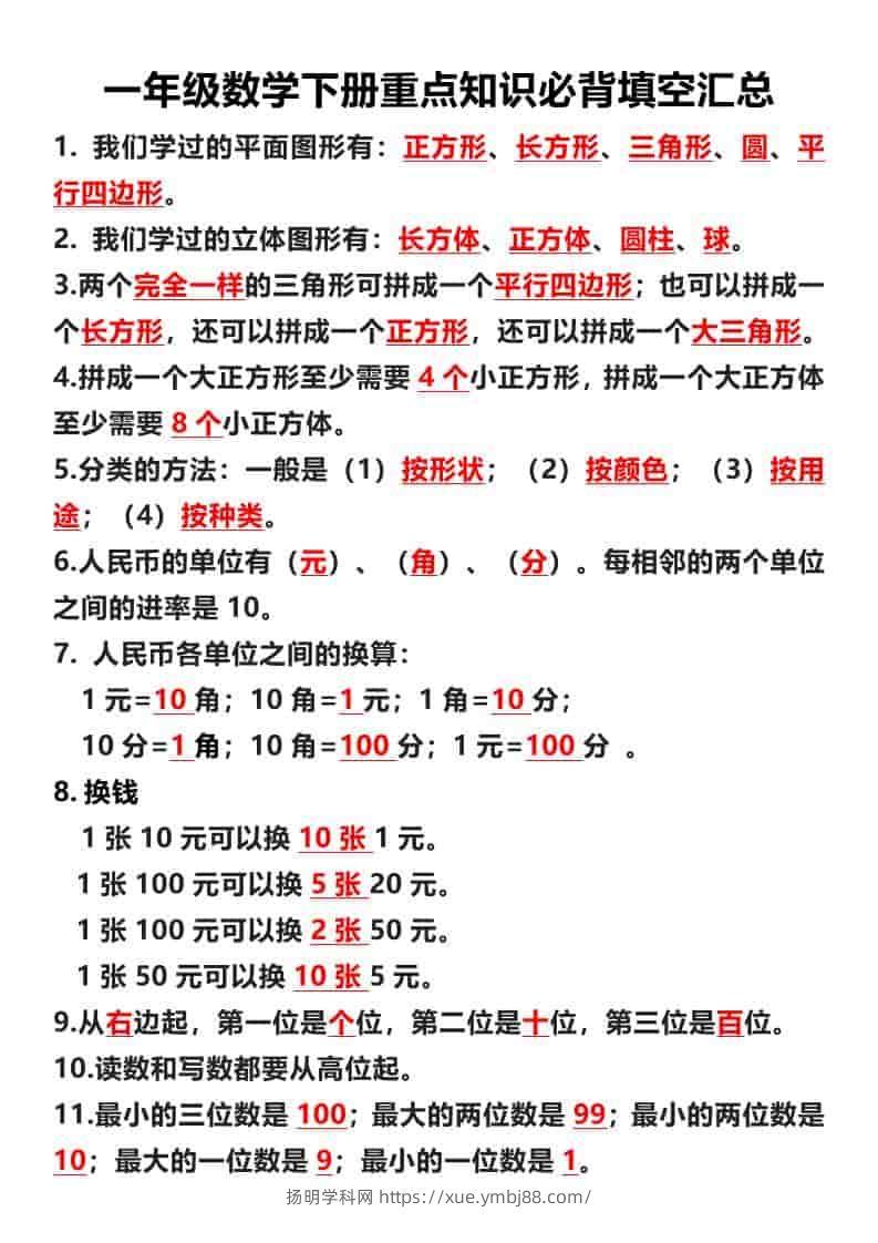 一年级下数学重点必背填空汇总-扬明学科网