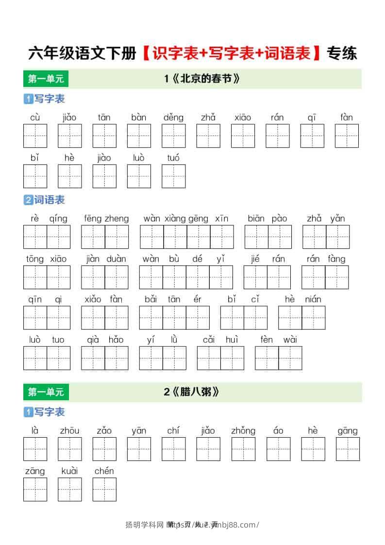 六年级下语文【识字表+写字表+词语表】专项练-扬明学科网