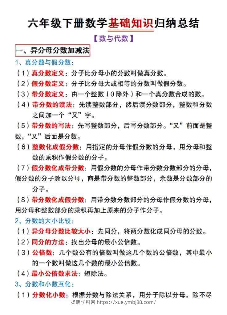 六年级下数学基础知识归纳总结《冀教版》-扬明学科网