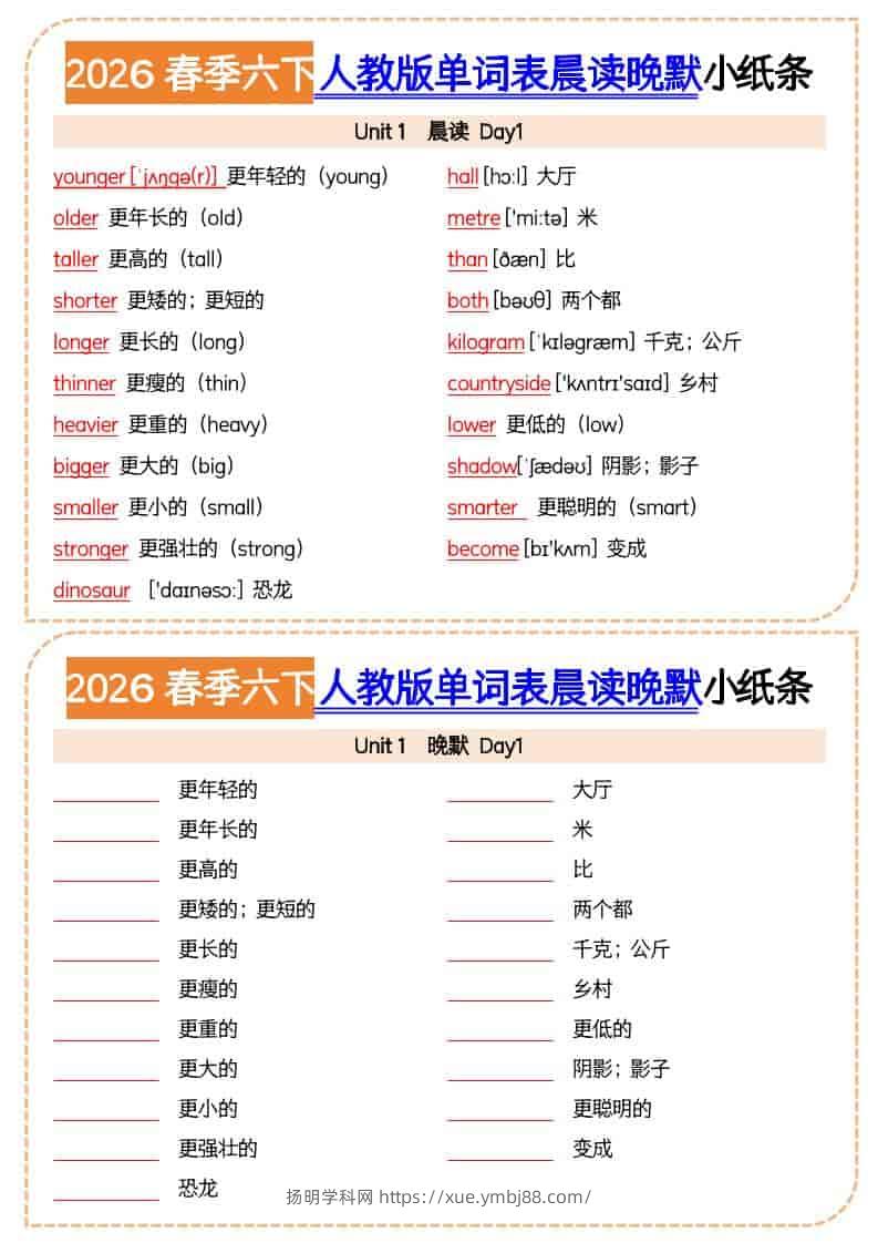 六年级下英语2026春晨读晚默小纸条《人教版》-扬明学科网