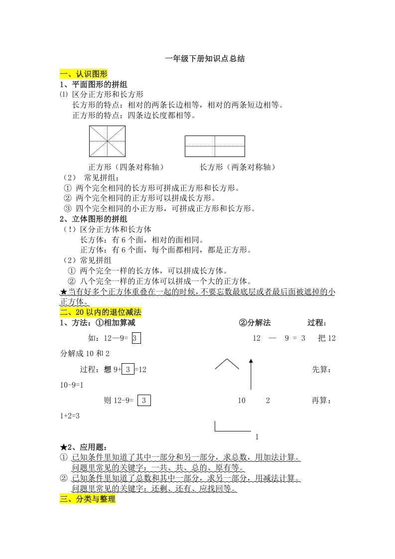 一年级数学下册知识点总结-扬明学科网