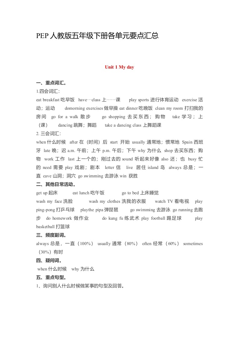 五年级数学下册英语素材-各单元要点汇总人教（PEP）-扬明学科网