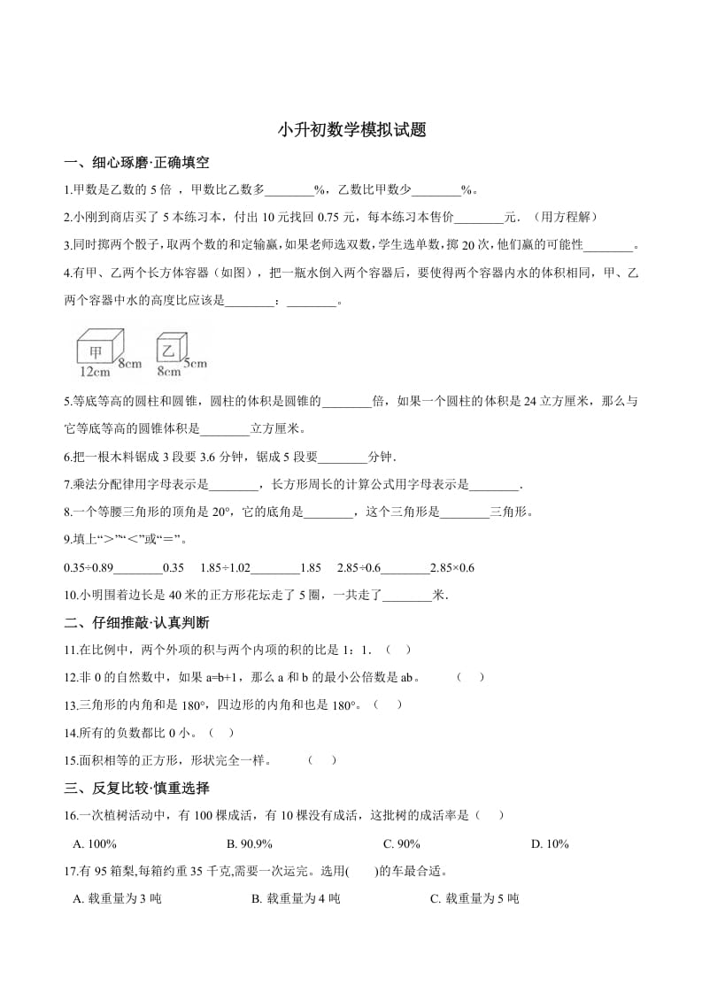 六年级数学下册小升初模拟试题（25）苏教版（含解析）-扬明学科网