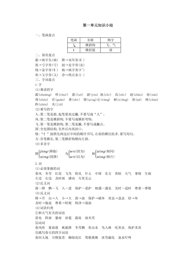 一年级语文下册第一单元知识小结-扬明学科网