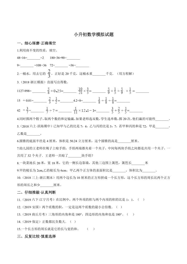 六年级数学下册小升初模拟试题（20）苏教版（含解析）-扬明学科网