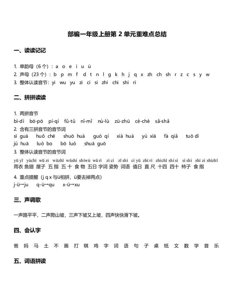一年级语文上册-第2单元重难点知识总结（部编版）-扬明学科网