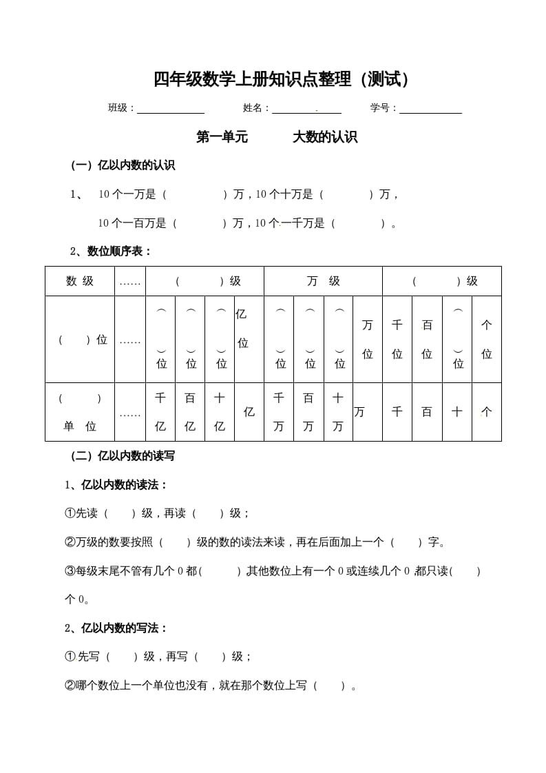 四年级数学上册【必考知识点】知识点整理（第1～2单元）（人教版）-扬明学科网