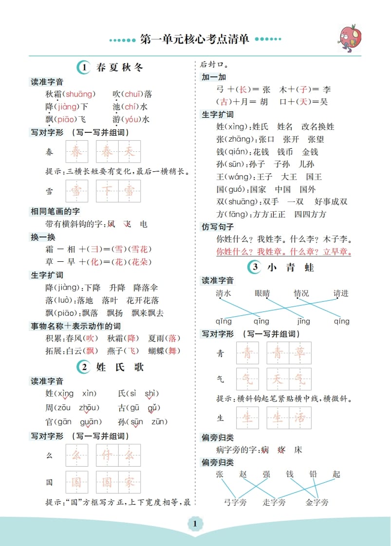 一年级语文下册第一单元核心考点清单-扬明学科网