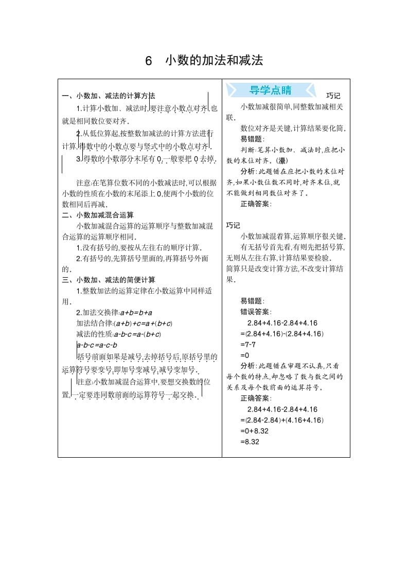 四年级数学下册6.小数的加法和减法-扬明学科网