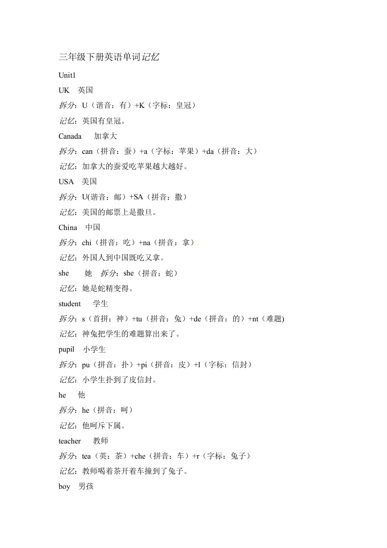 三年级英语下册素材-单词趣味记忆法｜人教（PEP）-扬明学科网