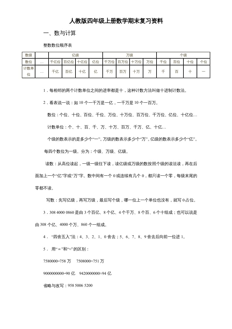 四年级数学上册人教版期末复习资料7页（人教版）-扬明学科网